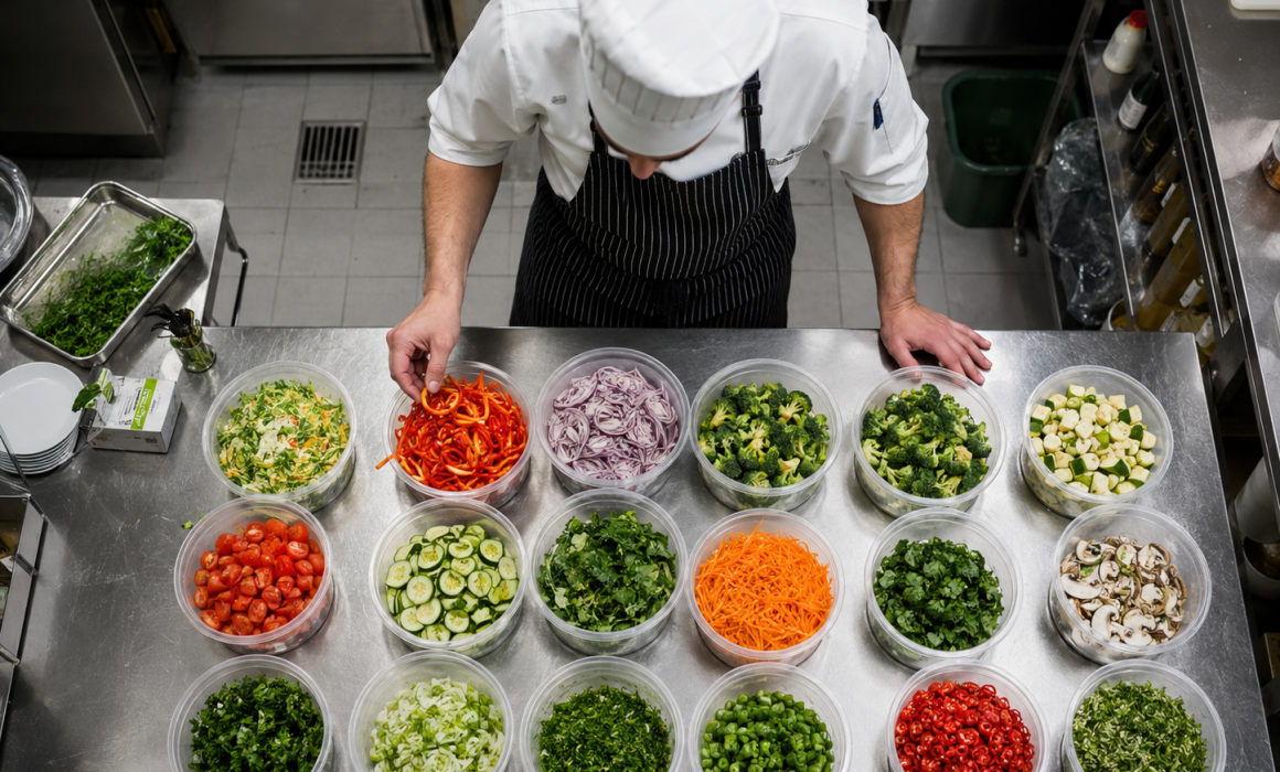 chef standing over various prepped vegetables in commercial kitchen