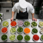 chef standing over various prepped vegetables in commercial kitchen